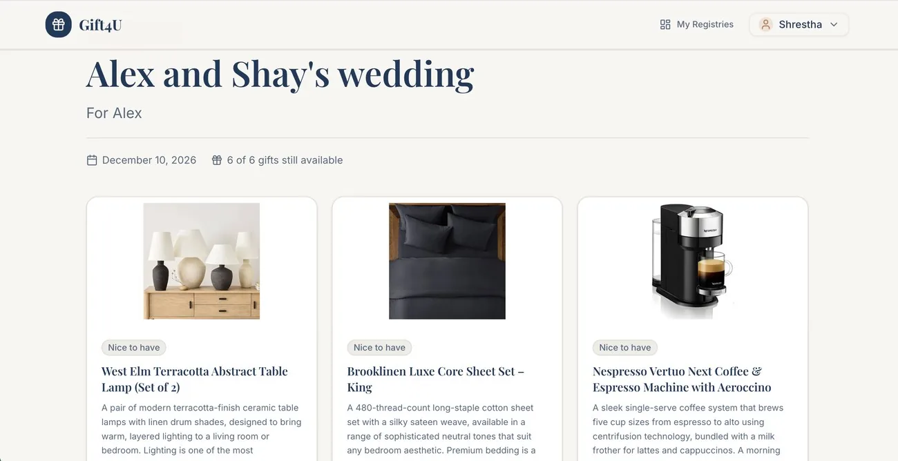 A real gift4u wedding registry titled Alex and Shay's wedding, showing a lamp set, a sheet set, and a coffee machine