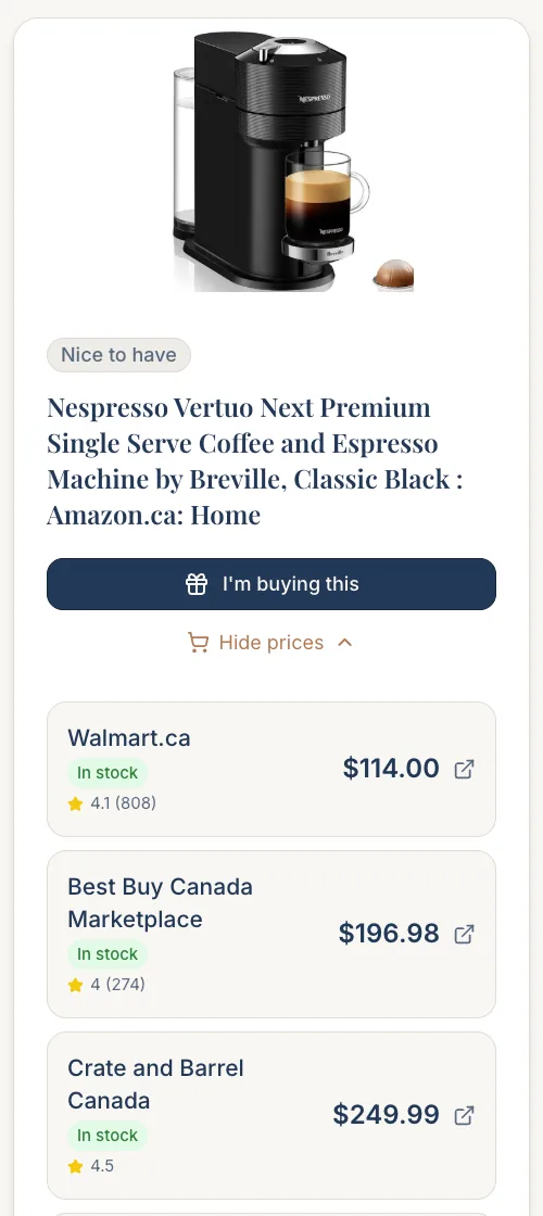 gift4u Where-to-Buy panel showing a Nespresso coffee machine carried by Walmart, Best Buy and Crate and Barrel, each with a price in Canadian dollars and an in-stock badge